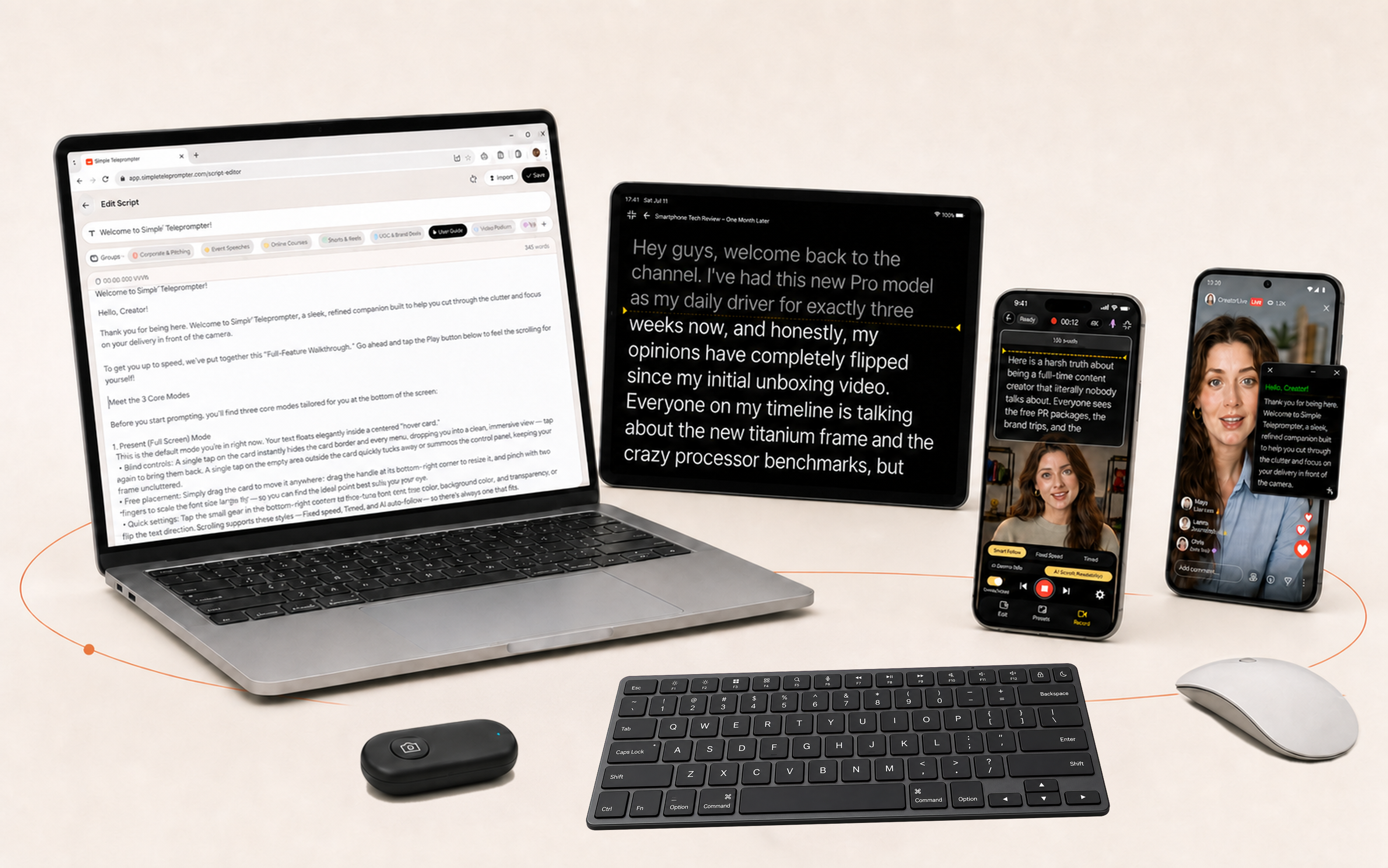 Simple Teleprompter on a laptop, tablet, iPhone, and Android phone with keyboard, mouse, and camera shutter remote